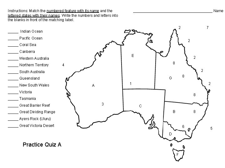 Instructions: Match the numbered feature with its name and the lettered states with their