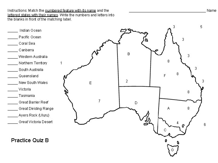 Instructions: Match the numbered feature with its name and the lettered states with their
