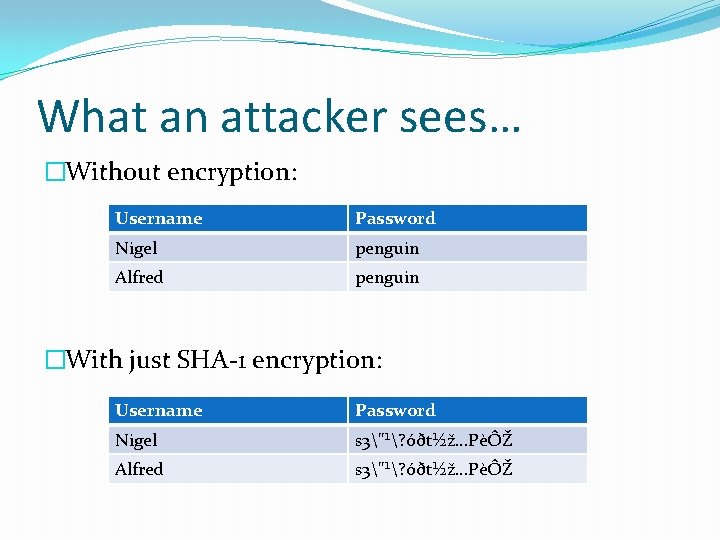 What an attacker sees… �Without encryption: Username Password Nigel penguin Alfred penguin �With just