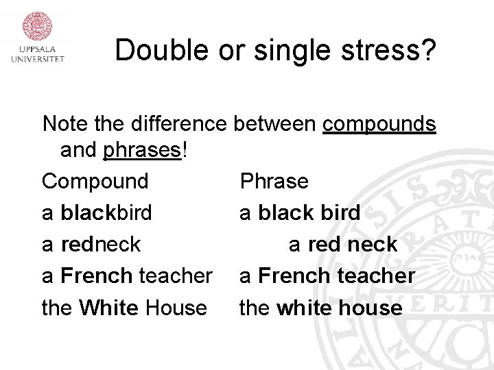 Double or single stress? Note the difference between compounds and phrases! Compound Phrase a