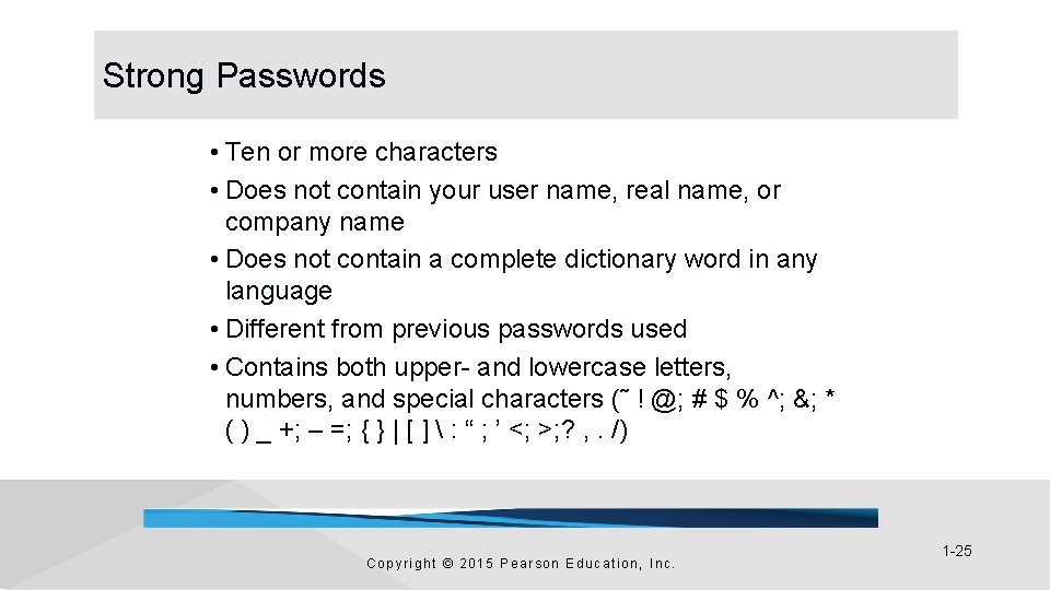 Strong Passwords • Ten or more characters • Does not contain your user name, Strong Passwords • Ten or more characters • Does not contain your user name,