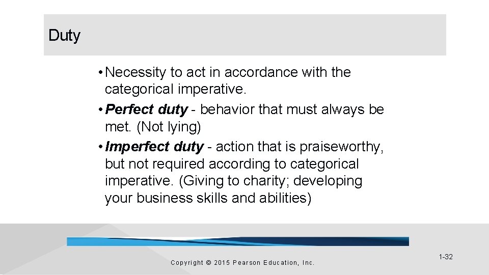 Duty • Necessity to act in accordance with the categorical imperative. • Perfect duty Duty • Necessity to act in accordance with the categorical imperative. • Perfect duty