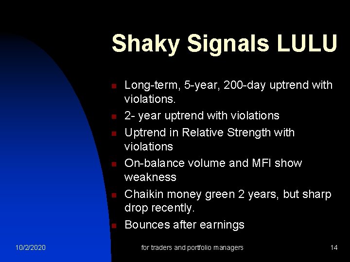 Shaky Signals LULU n n n 10/2/2020 Long-term, 5 -year, 200 -day uptrend with