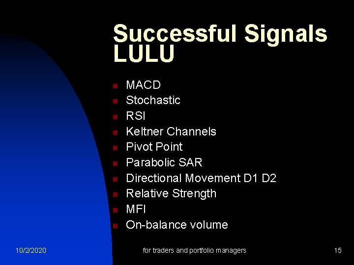 Successful Signals LULU n n n n n 10/2/2020 MACD Stochastic RSI Keltner Channels