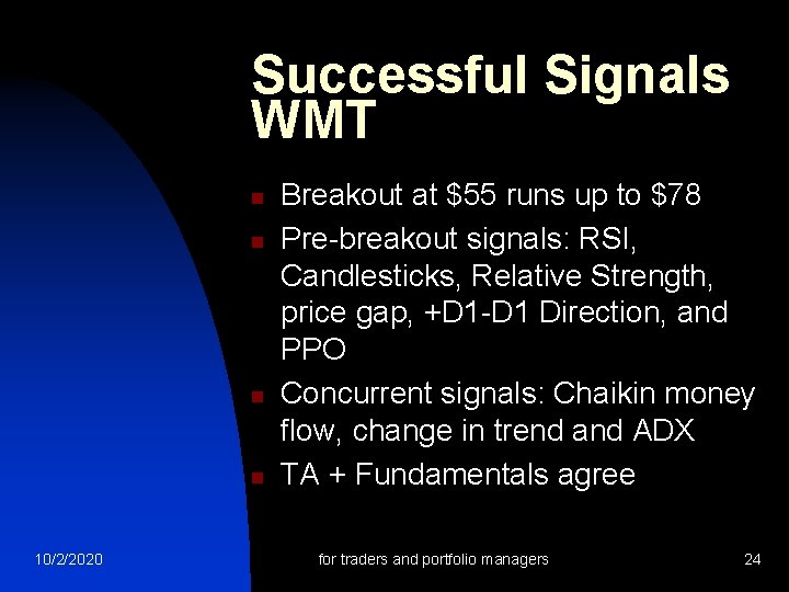 Successful Signals WMT n n 10/2/2020 Breakout at $55 runs up to $78 Pre-breakout