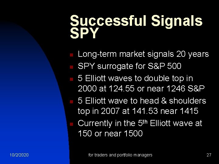 Successful Signals SPY n n n 10/2/2020 Long-term market signals 20 years SPY surrogate