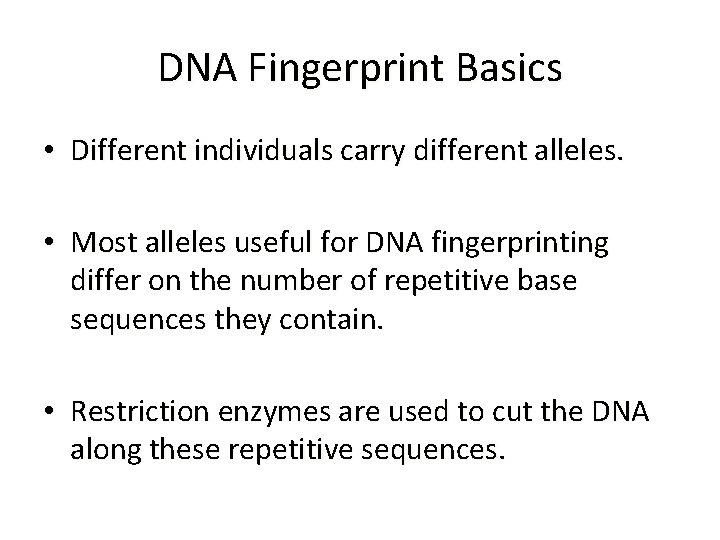 DNA Fingerprint Basics • Different individuals carry different alleles. • Most alleles useful for