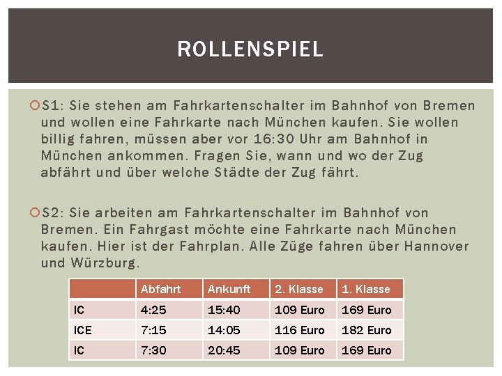 ROLLENSPIEL S 1: Sie stehen am Fahrkartenschalter im Bahnhof von Bremen und wollen eine