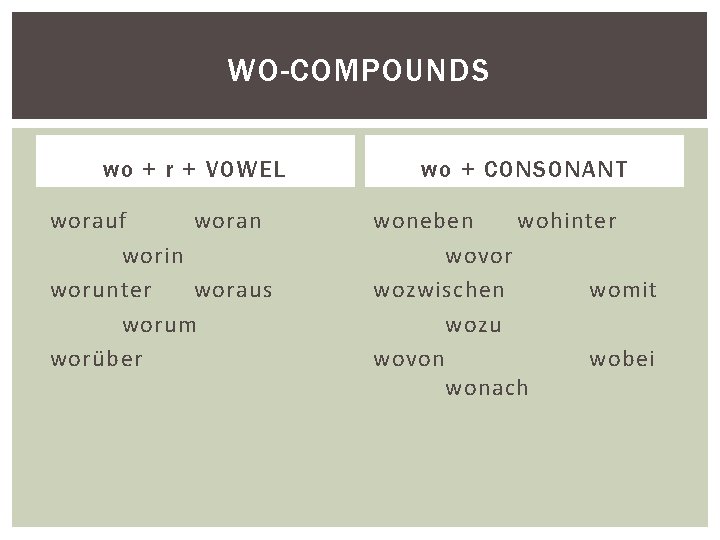 WO-COMPOUNDS wo + r + VOWEL worauf woran worin worunter woraus worum worüber wo