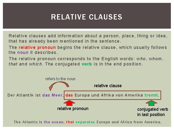 RELATIVE CLAUSES Relative clauses add information about a person, place, thing or idea, that