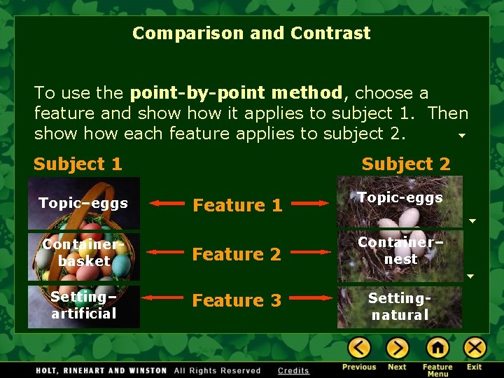 Comparison and Contrast To use the point-by-point method, choose a feature and show it