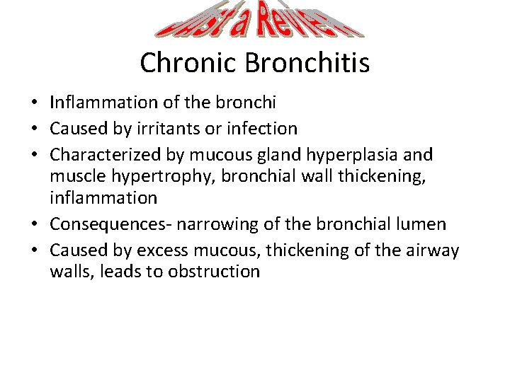 Chronic Bronchitis • Inflammation of the bronchi • Caused by irritants or infection •