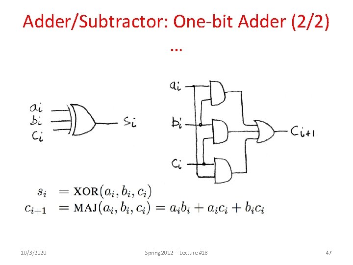 Adder/Subtractor: One-bit Adder (2/2) … 10/3/2020 Spring 2012 -- Lecture #18 47 