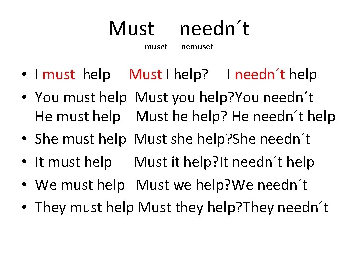 Must muset needn´t nemuset • I must help Must I help? I needn´t help