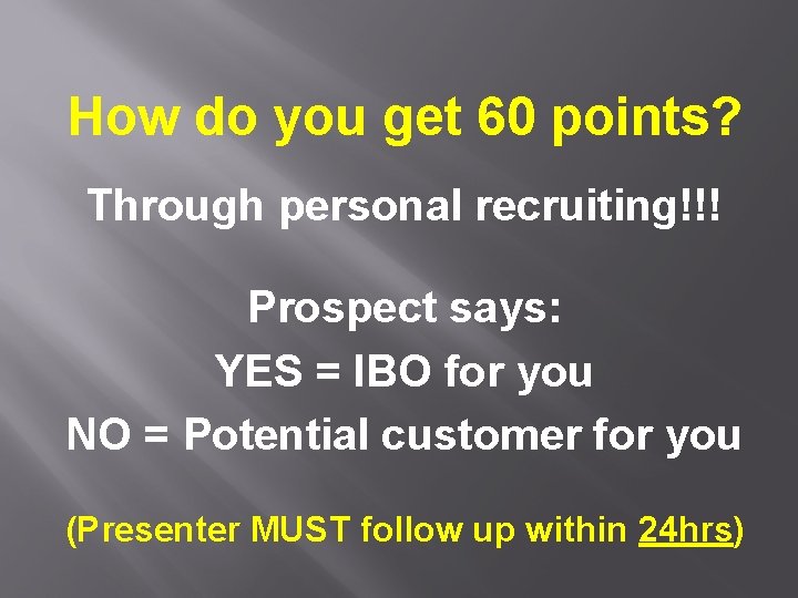 How do you get 60 points? Through personal recruiting!!! Prospect says: YES = IBO How do you get 60 points? Through personal recruiting!!! Prospect says: YES = IBO