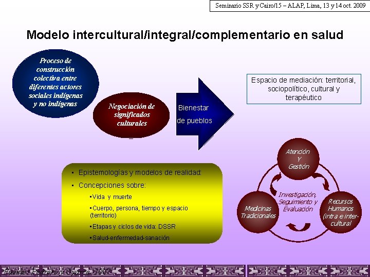 Seminario SSR y Cairo/15 – ALAP, Lima, 13 y 14 oct. 2009 Modelo intercultural/integral/complementario