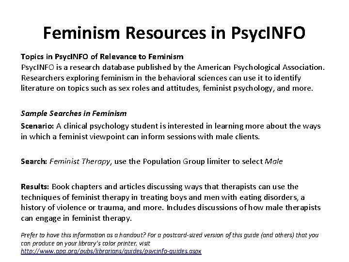 Feminism Resources in Psyc. INFO Topics in Psyc. INFO of Relevance to Feminism Psyc.