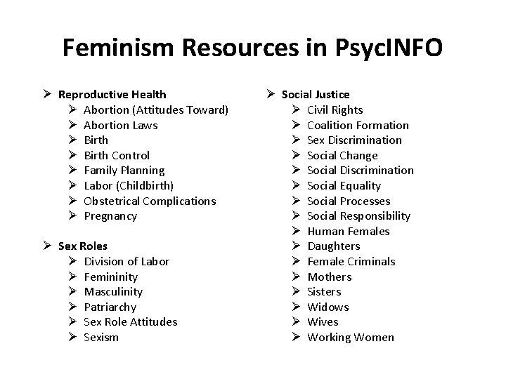 Feminism Resources in Psyc. INFO Ø Reproductive Health Ø Abortion (Attitudes Toward) Ø Abortion