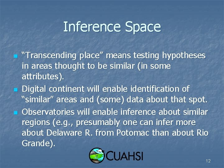 Inference Space n n n “Transcending place” means testing hypotheses in areas thought to
