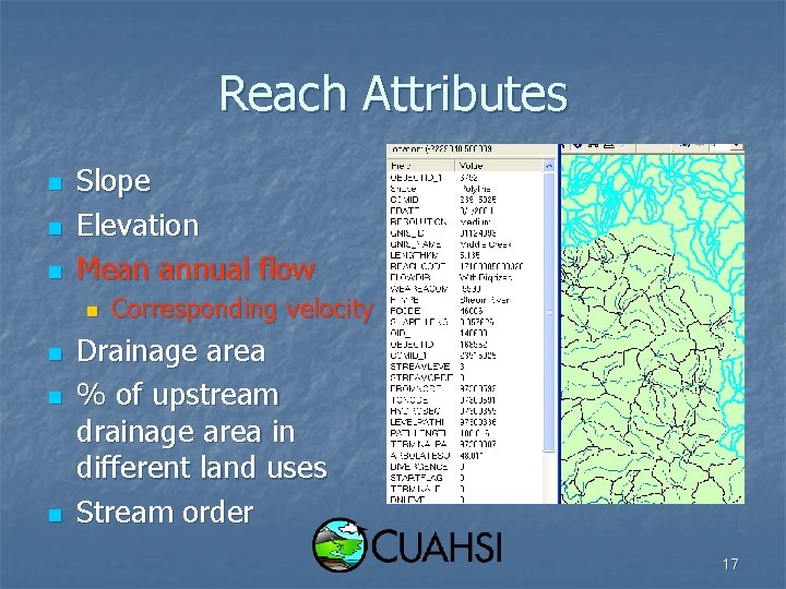 Reach Attributes n n n Slope Elevation Mean annual flow n n Corresponding velocity