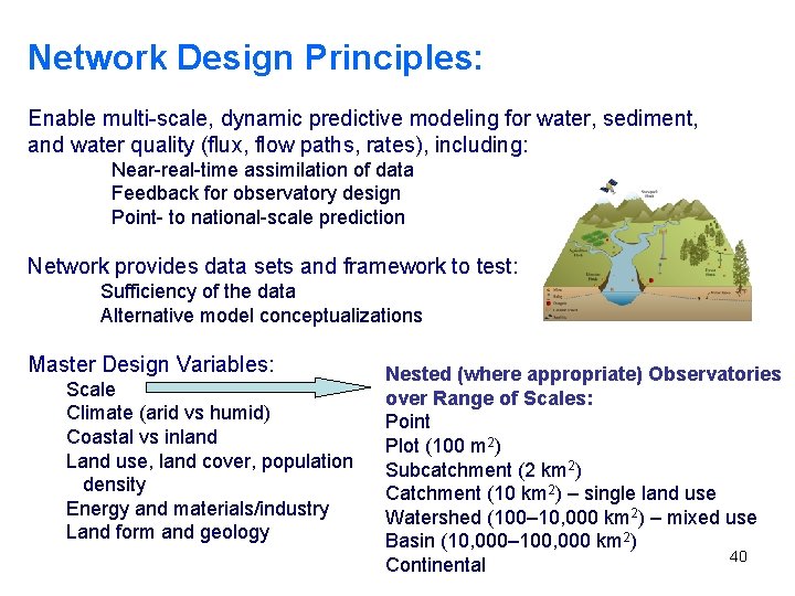 Network Design Principles: Enable multi-scale, dynamic predictive modeling for water, sediment, and water quality