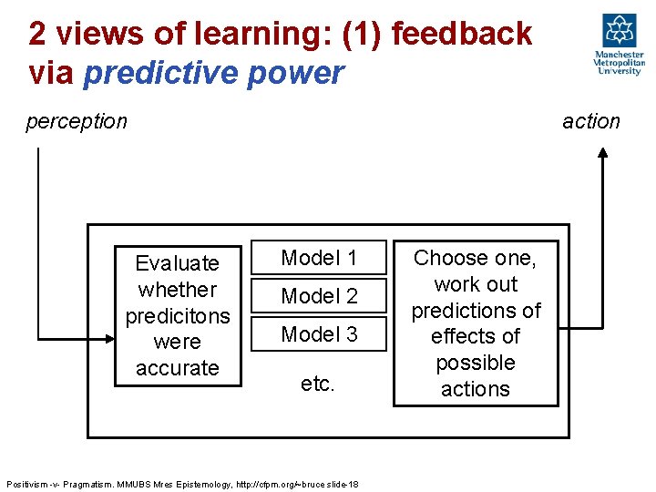 2 views of learning: (1) feedback via predictive power perception Evaluate whether predicitons were