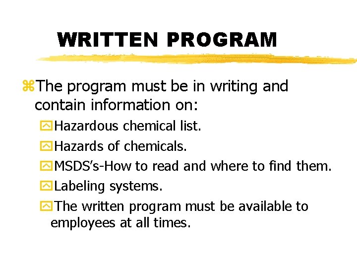 WRITTEN PROGRAM z. The program must be in writing and contain information on: y.