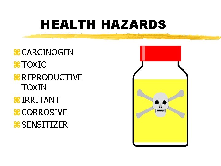 HEALTH HAZARDS z CARCINOGEN z TOXIC z REPRODUCTIVE TOXIN z IRRITANT z CORROSIVE z