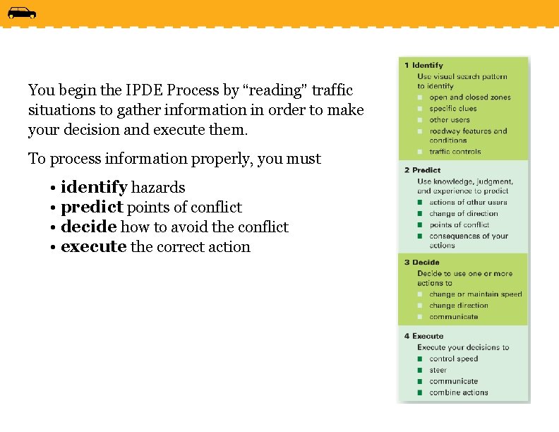 You begin the IPDE Process by “reading” traffic situations to gather information in order