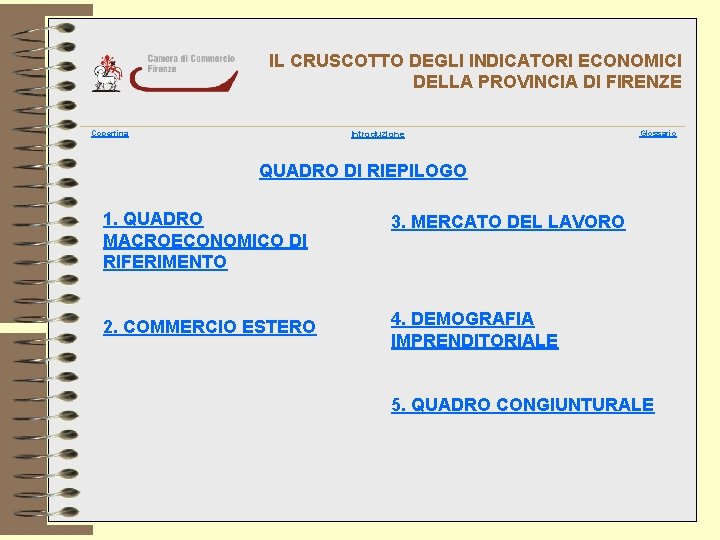 IL CRUSCOTTO DEGLI INDICATORI ECONOMICI DELLA PROVINCIA DI FIRENZE Copertina Introduzione Glossario QUADRO DI