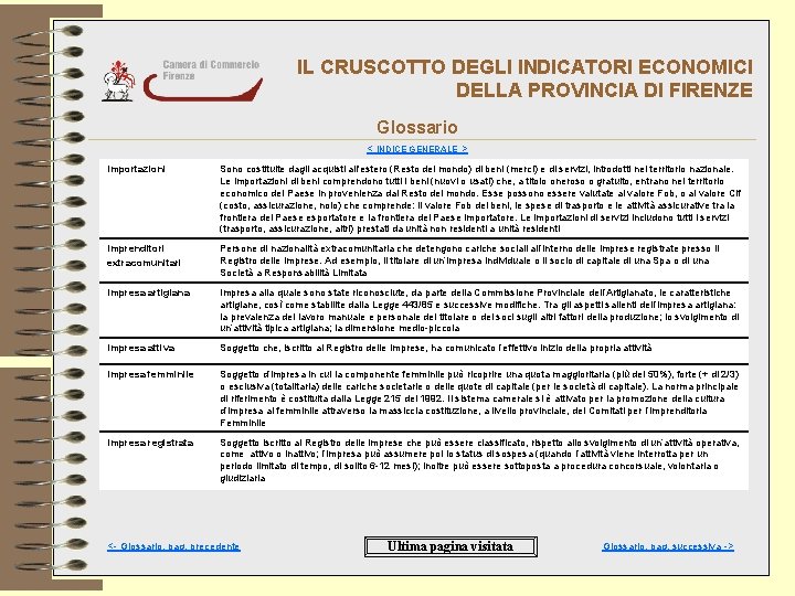 IL CRUSCOTTO DEGLI INDICATORI ECONOMICI DELLA PROVINCIA DI FIRENZE Glossario < INDICE GENERALE >