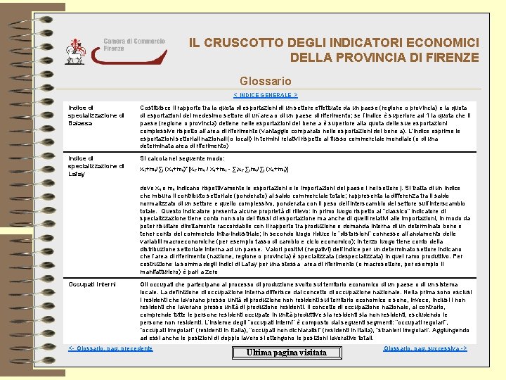 IL CRUSCOTTO DEGLI INDICATORI ECONOMICI DELLA PROVINCIA DI FIRENZE Glossario < INDICE GENERALE >