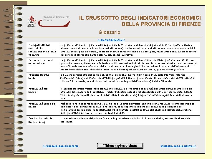 IL CRUSCOTTO DEGLI INDICATORI ECONOMICI DELLA PROVINCIA DI FIRENZE Glossario < INDICE GENERALE >