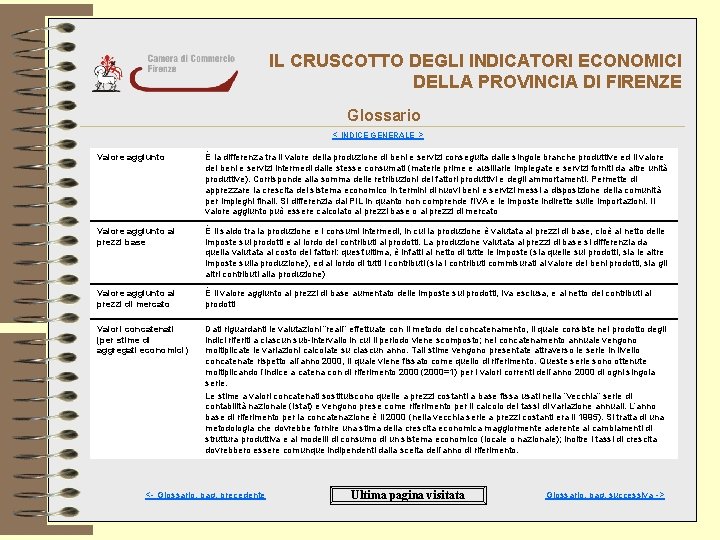 IL CRUSCOTTO DEGLI INDICATORI ECONOMICI DELLA PROVINCIA DI FIRENZE Glossario < INDICE GENERALE >