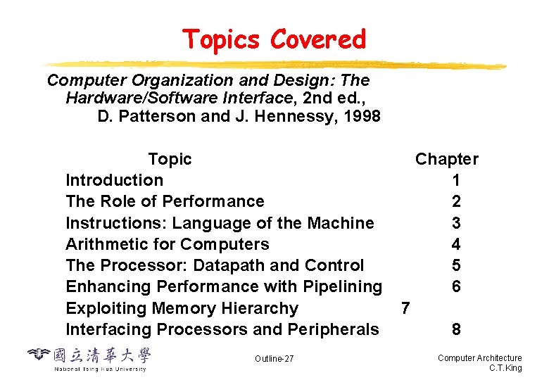 Topics Covered Computer Organization and Design: The Hardware/Software Interface, 2 nd ed. , D.