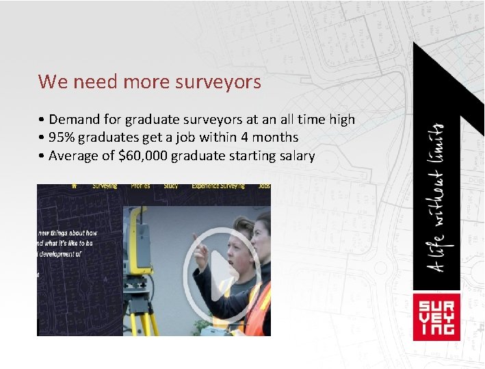 We need more surveyors • Demand for graduate surveyors at an all time high