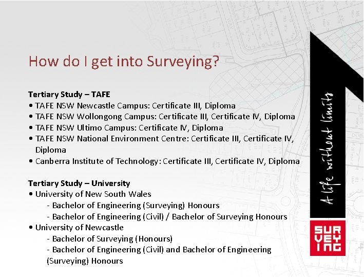 How do I get into Surveying? Tertiary Study – TAFE • TAFE NSW Newcastle