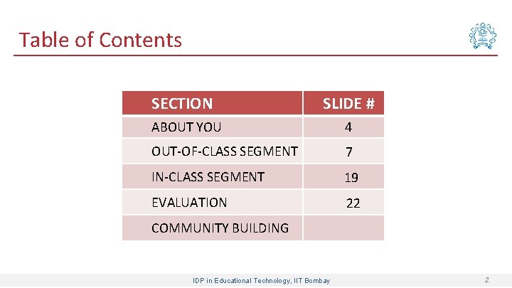 Table of Contents SECTION SLIDE # ABOUT YOU OUT-OF-CLASS SEGMENT IN-CLASS SEGMENT EVALUATION 4