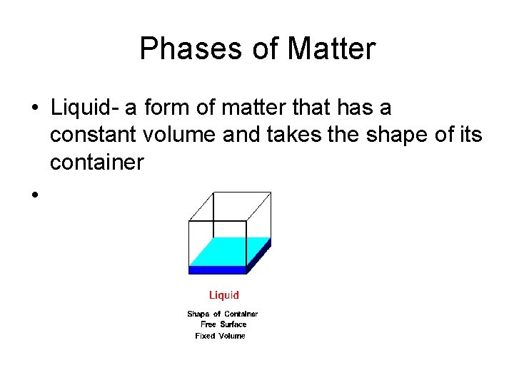 Phases of Matter • Liquid- a form of matter that has a constant volume