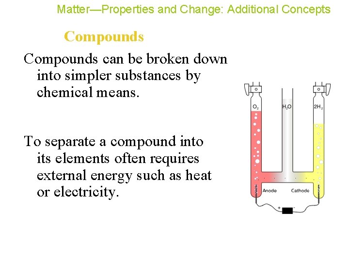 Matter—Properties and Change: Additional Concepts Compounds can be broken down into simpler substances by