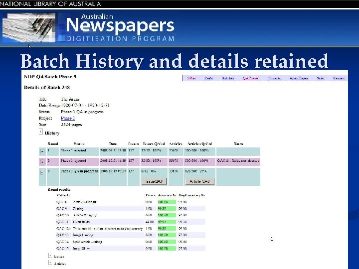 Batch History and details retained 36 