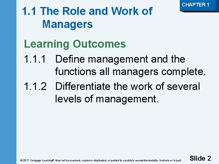 1. 1 The Role and Work of Managers CHAPTER 1 Learning Outcomes 1. 1.