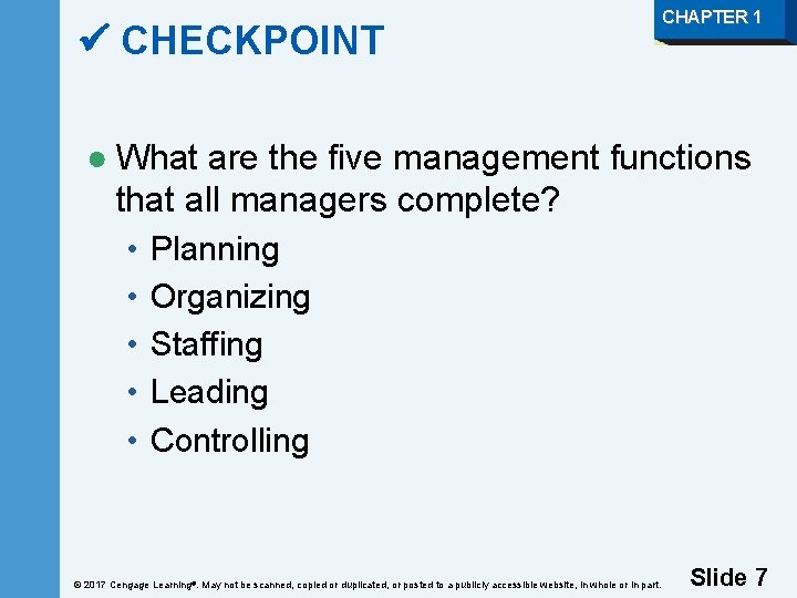  CHECKPOINT CHAPTER 1 ● What are the five management functions that all managers