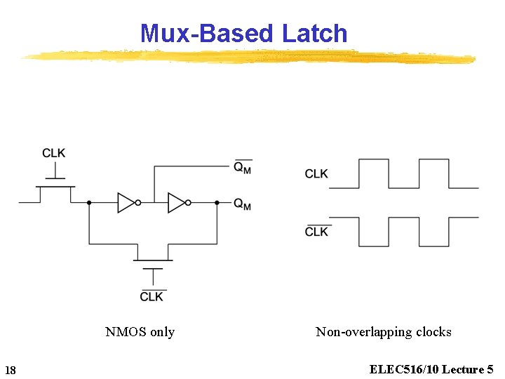 Mux-Based Latch NMOS only 18 Non-overlapping clocks ELEC 516/10 Lecture 5 