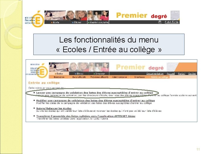 Les fonctionnalités du menu « Ecoles / Entrée au collège » 11 