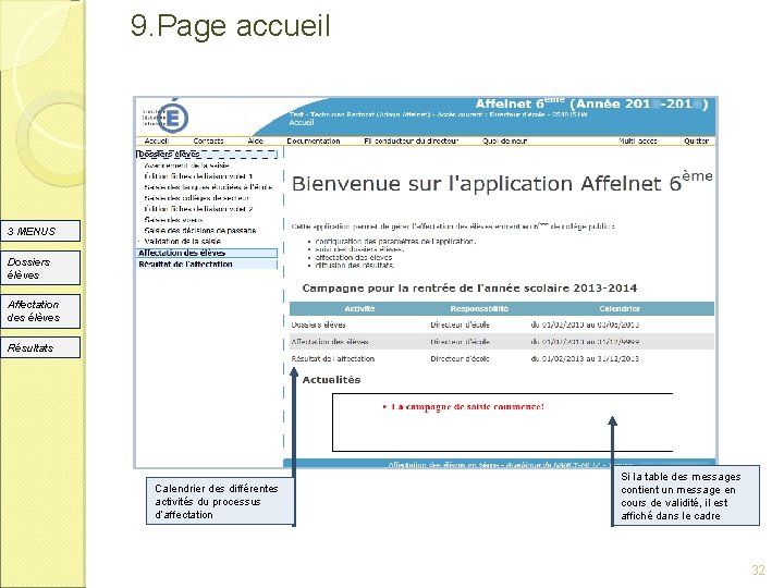 9. Page accueil 3 MENUS Dossiers élèves Affectation des élèves Résultats Calendrier des différentes