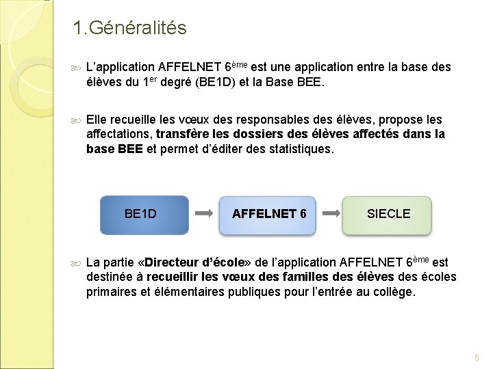 1. Généralités L’application AFFELNET 6ème est une application entre la base des élèves du