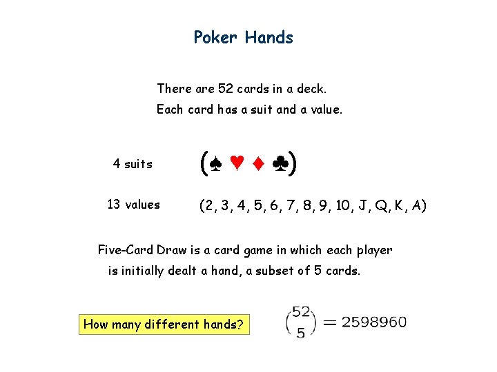Poker Hands There are 52 cards in a deck. Each card has a suit