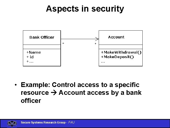 Aspects in security • Example: Control access to a specific resource Account access by