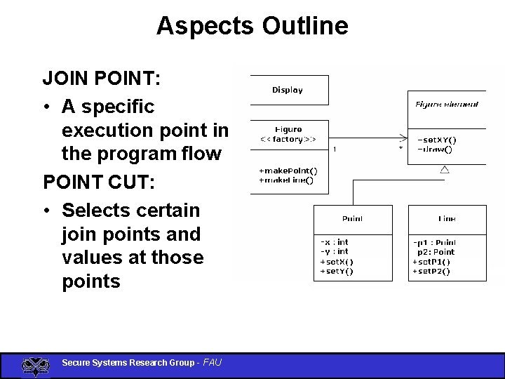 Aspects Outline JOIN POINT: • A specific execution point in the program flow POINT